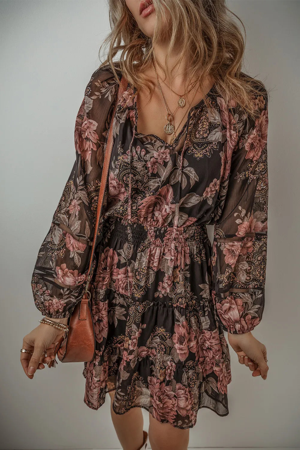 Printed Tie Neck Long Sleeve Mini Dress – Makenzie Lane