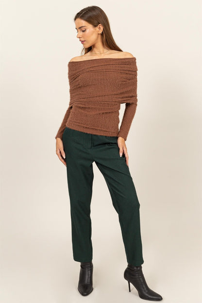 fuzzy off shoulder textured knit top