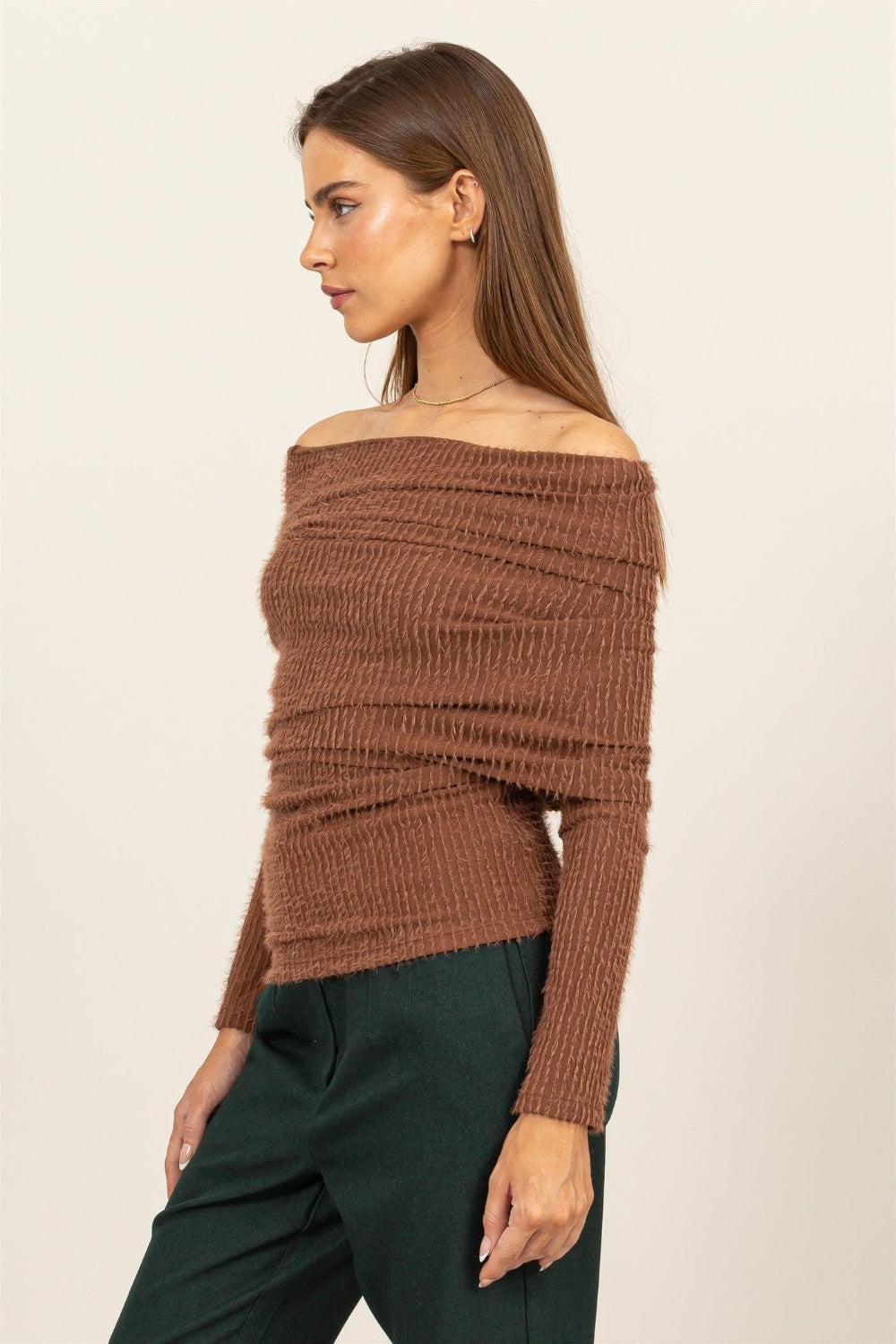 fuzzy off shoulder textured knit top