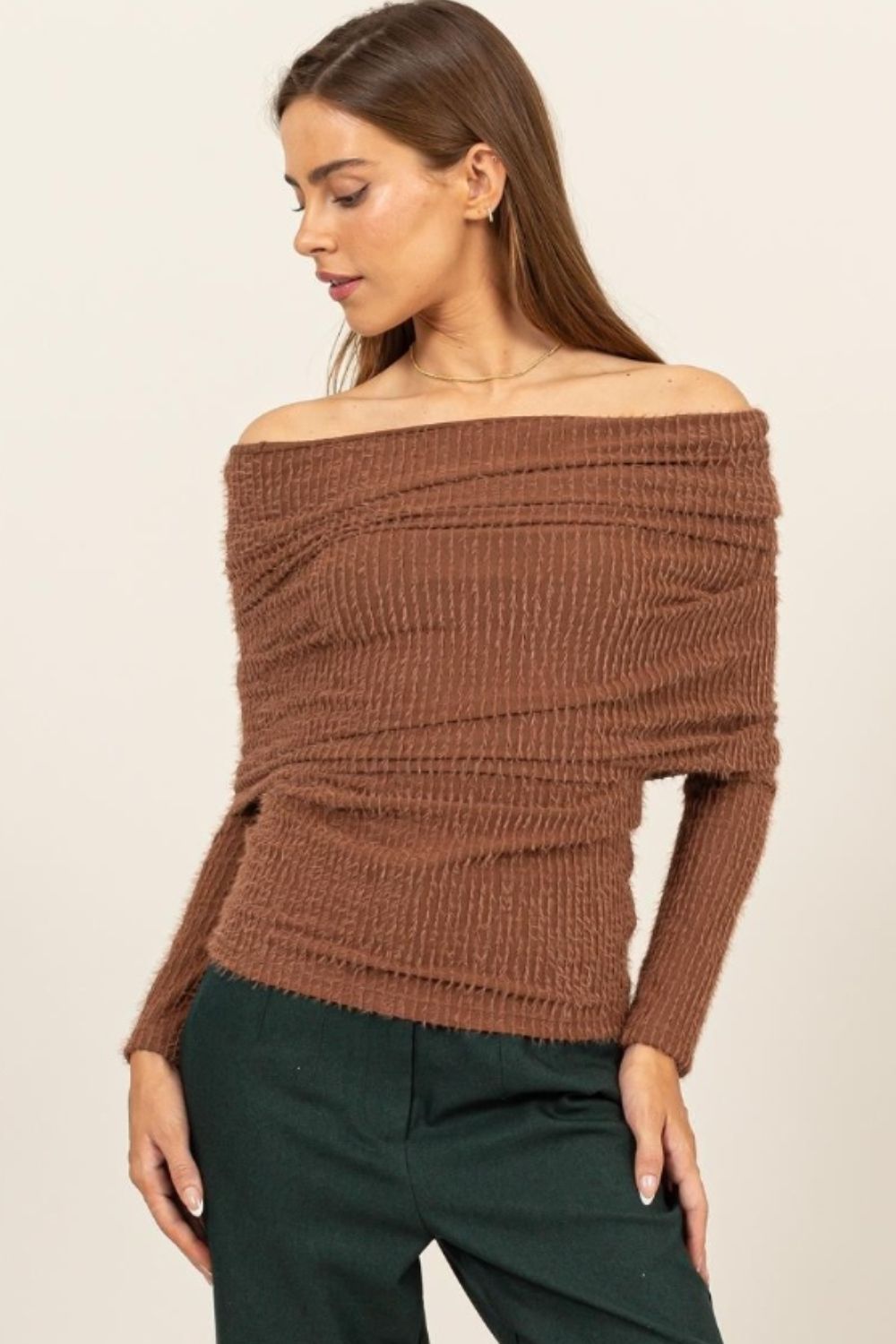 fuzzy off shoulder textured knit top