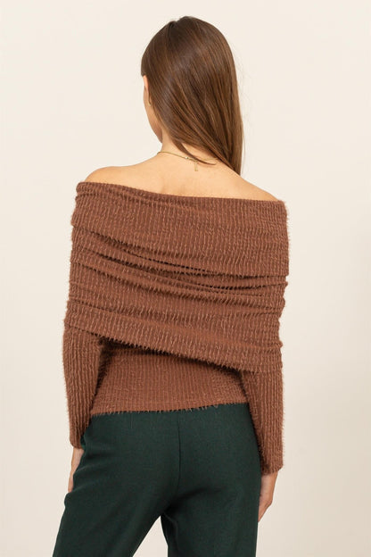 fuzzy off shoulder textured knit top