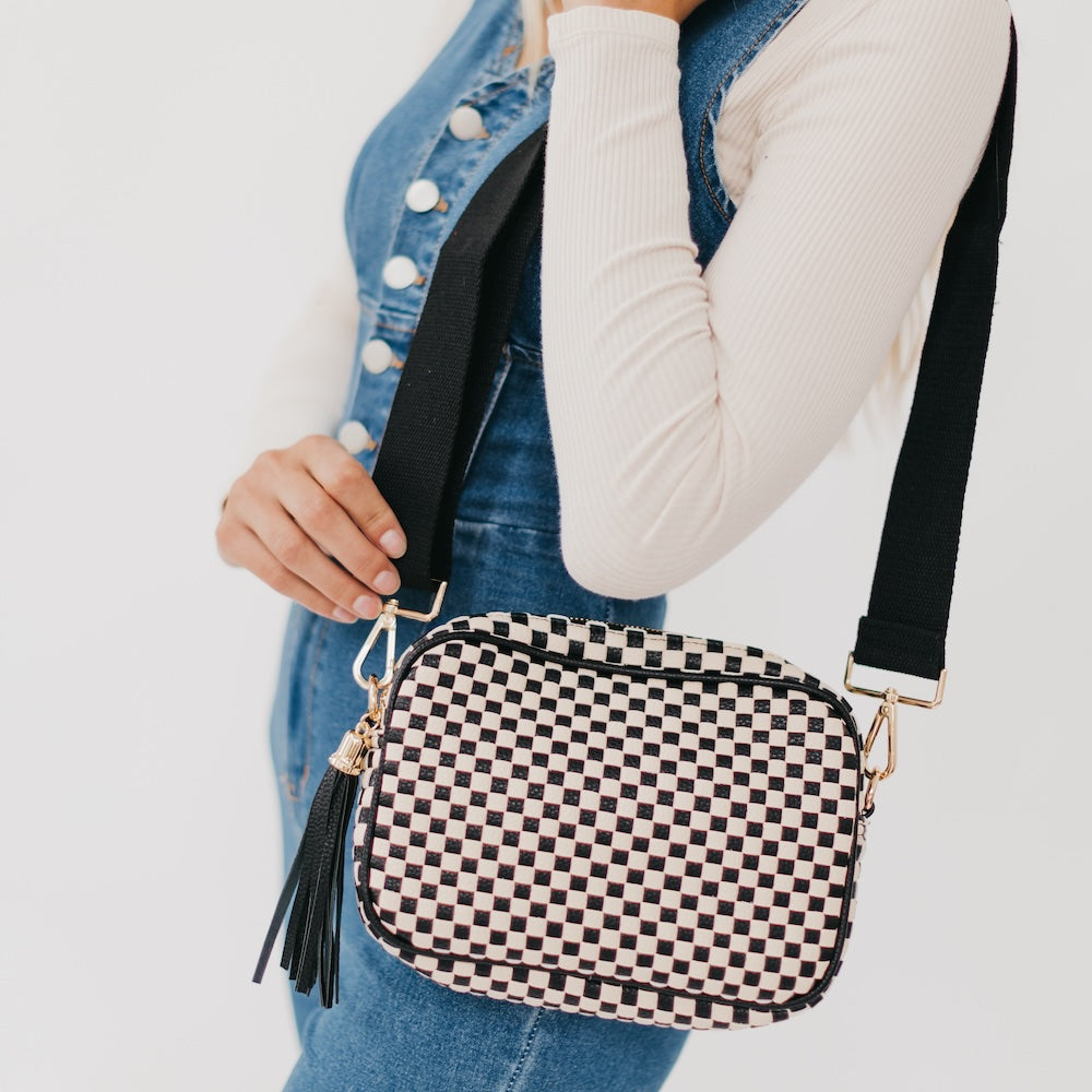 checkered woven crossbody bag