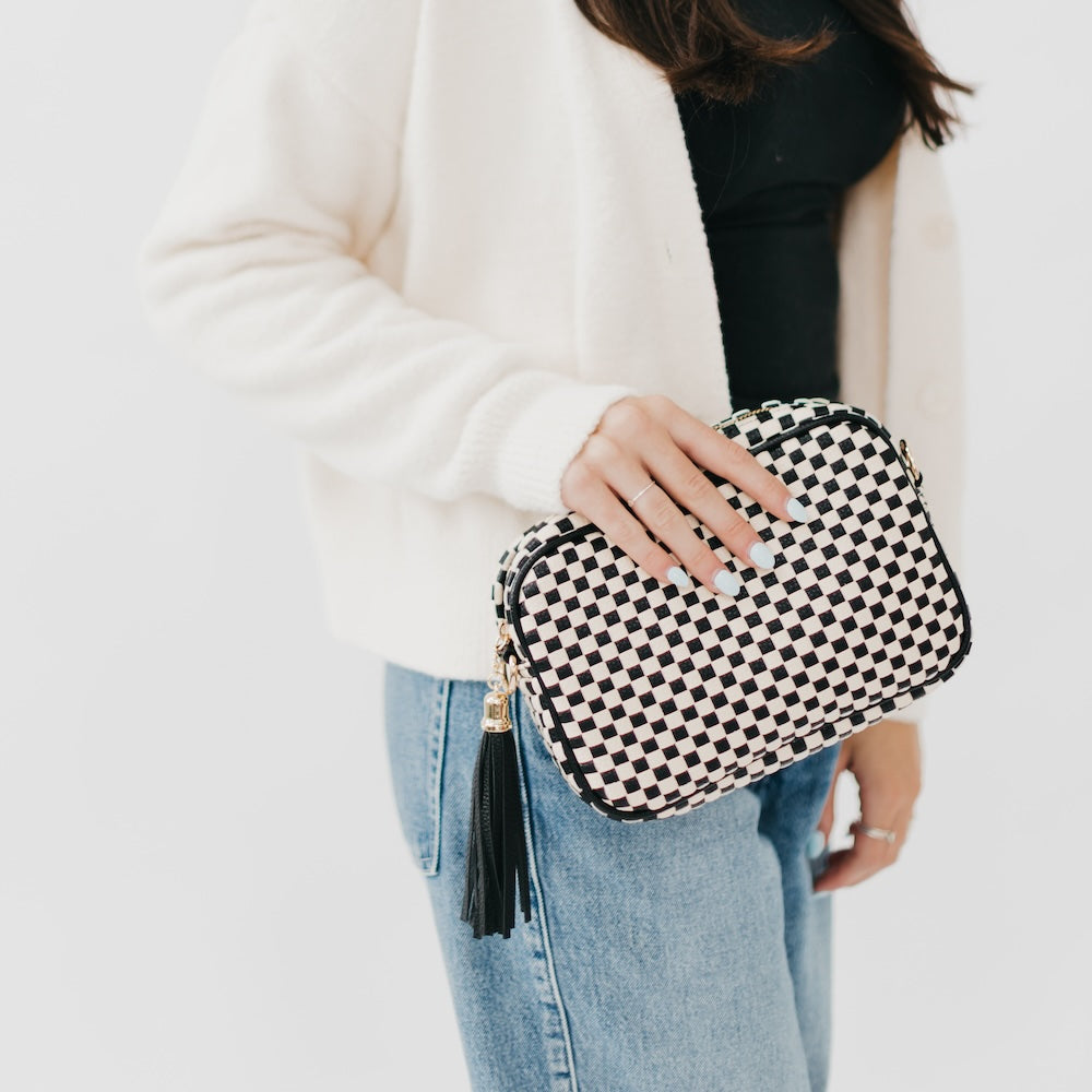 checkered woven crossbody bag